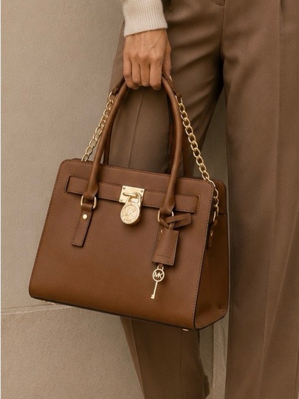 Michael Kors Brown Hamilton Large Saffiano Leather Satchel with Gold Hardware
